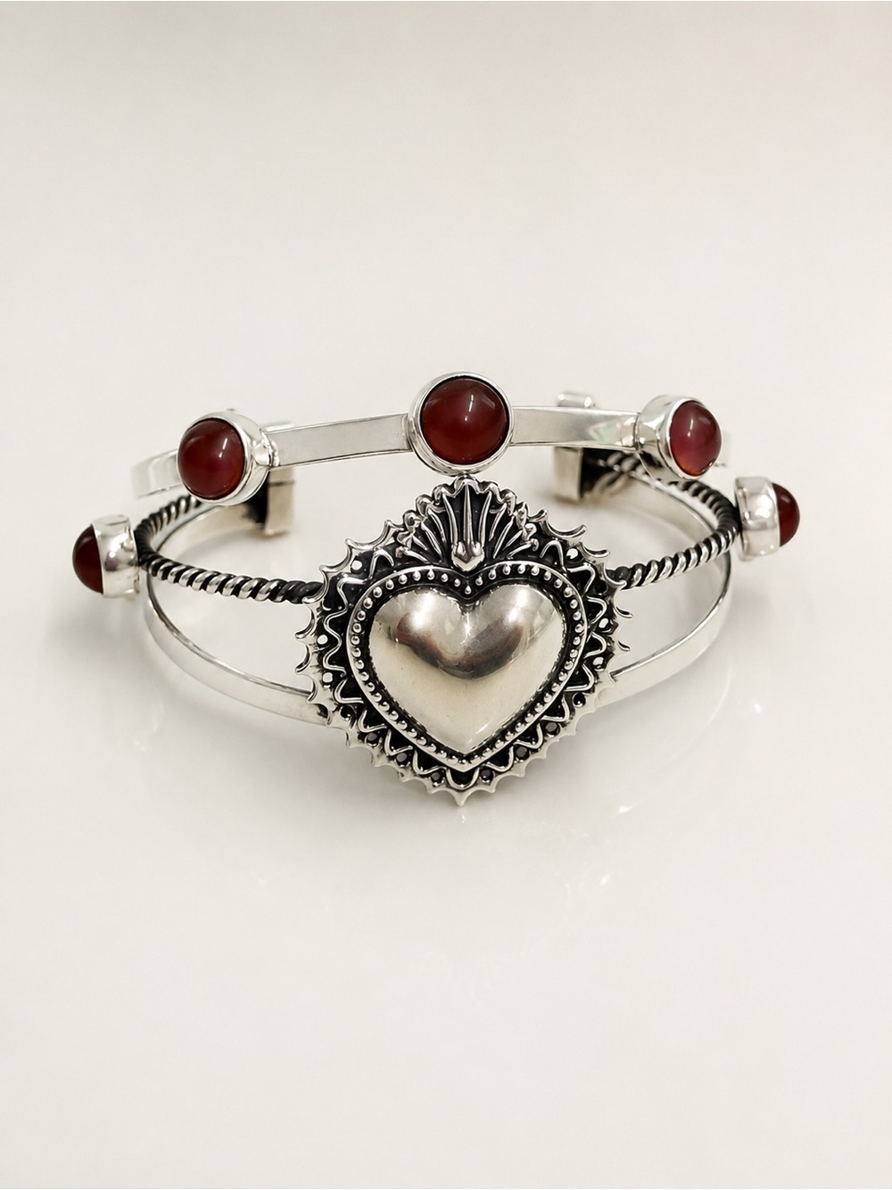 925 Sterling Silver Heart Cuff Bracelet with Carnelian - Picture 2 of 3